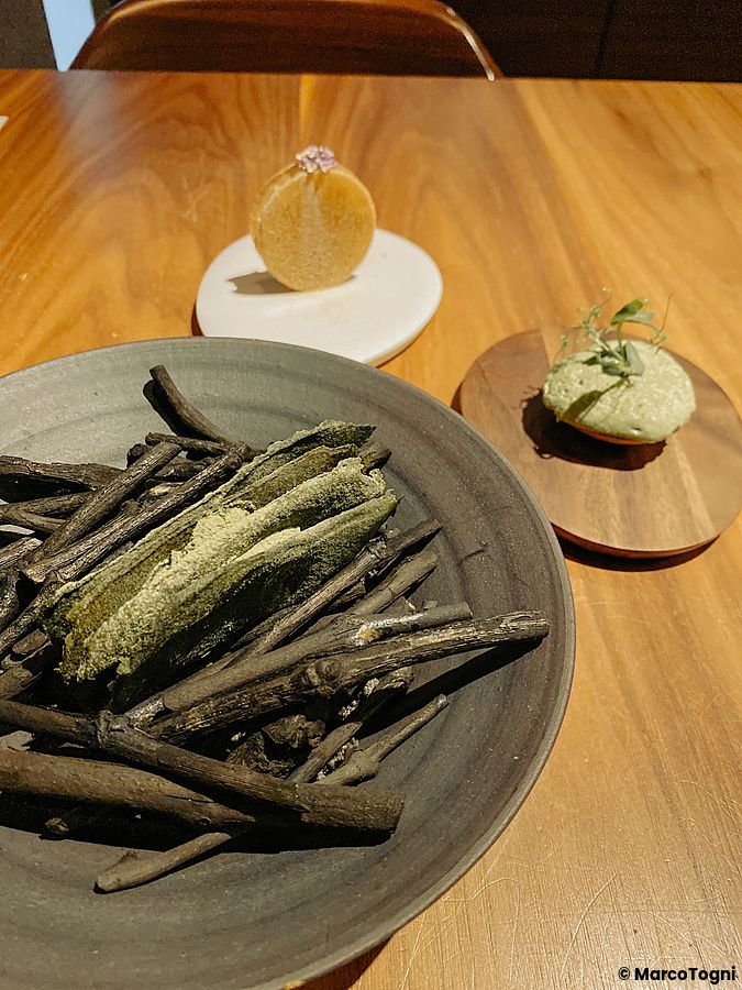 Amuse bouche a Le Sputnik, una selezione di creazioni culinarie servite su piatti in ceramica e legno a Tokyo.
