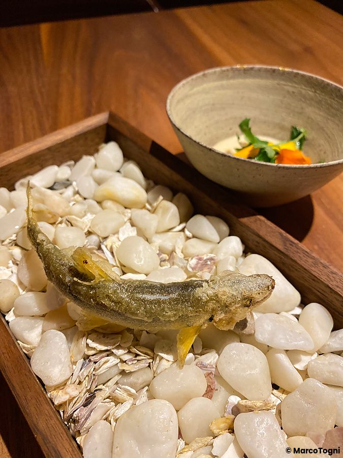 Pesce ayu, con salsa profumata all'aglio a Le Sputnik, servito su ciottoli bianchi in un contenitore di legno.