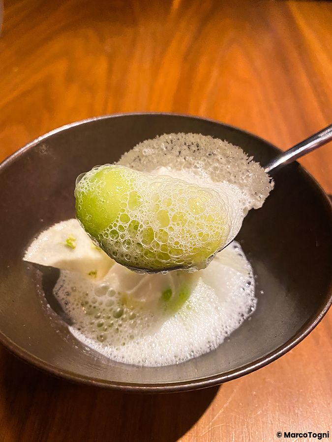 Un cucchiaio solleva un pre dessert con sapore di anice all'interno di una ciotola scura al ristorante Le Sputnik di Tokyo.