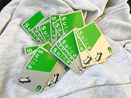 Carte Suica giapponesi su felpa grigia.