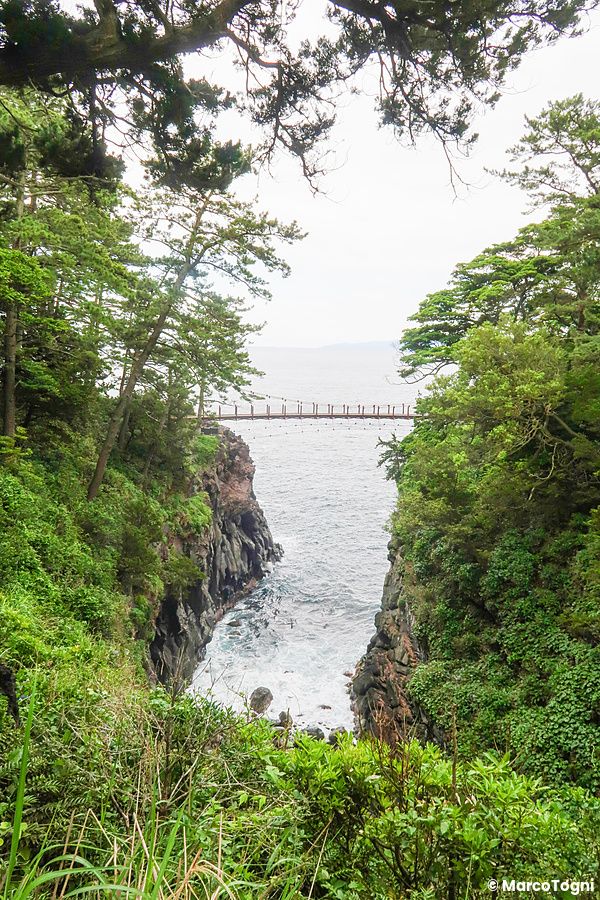 Ponte sospeso che attraversa una profonda insenatura tra scogliere di roccia vulcanica presso la Costa di Jogasaki (Giappo...