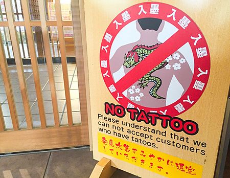 cartello con divieto di tatuaggi in un onsen giapponese.