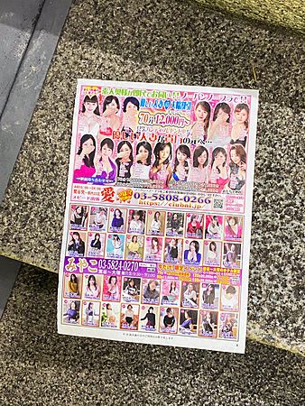 Rivista con pubblicità di locali per adulti su un gradino a Shinjuku.