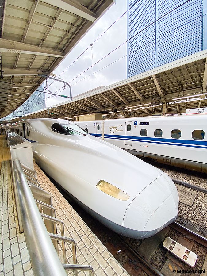 Un treno Shinkansen modello N700S Supreme in sosta alla stazione di Tokyo sotto la pensilina della banchina.
