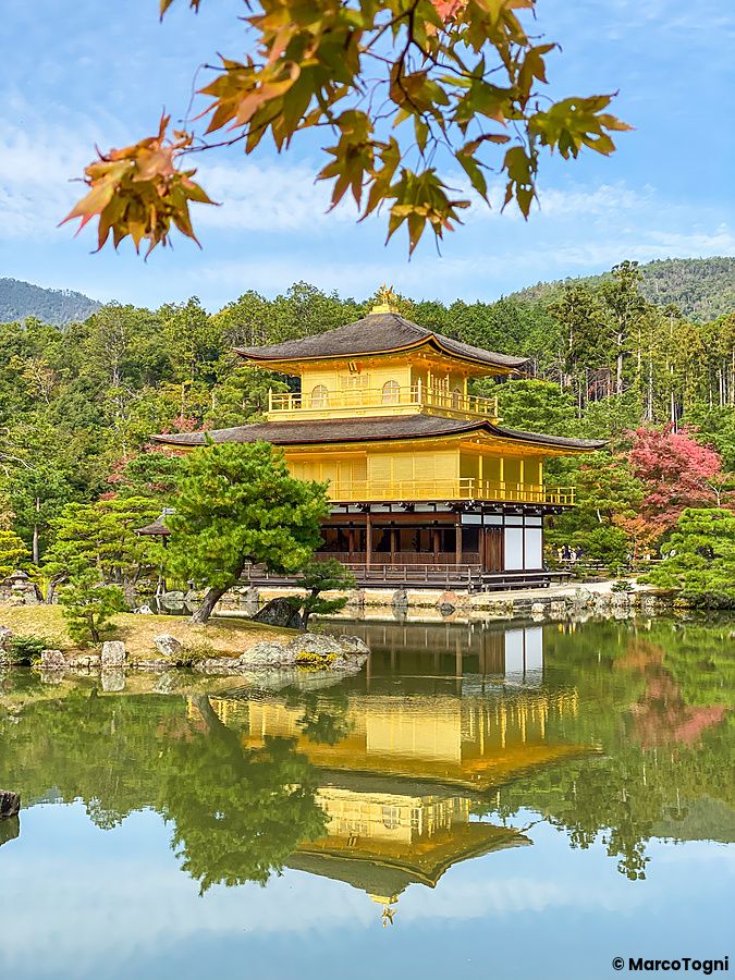 Il Tempio d'Oro riflesso in uno stagno, circondato da natura autunnale a Kyoto.