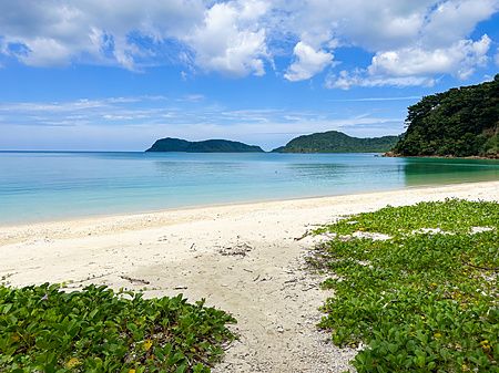 Veduta della spiaggia di Ida sull'isola di Iriomote a Okinawa alla fine del sentiero che porta alla spiaggia.