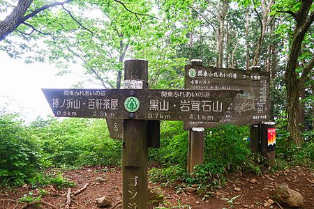 Segnaletica in legno per sentieri escursionistici situata a Naguri (Città di Hanno), Prefettura di Saitama, Giappone.