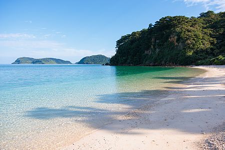 La spiaggia di Ida sull'isola di Iriomote presenta sabbia chiara e acque trasparenti vicino a un promontorio verde.