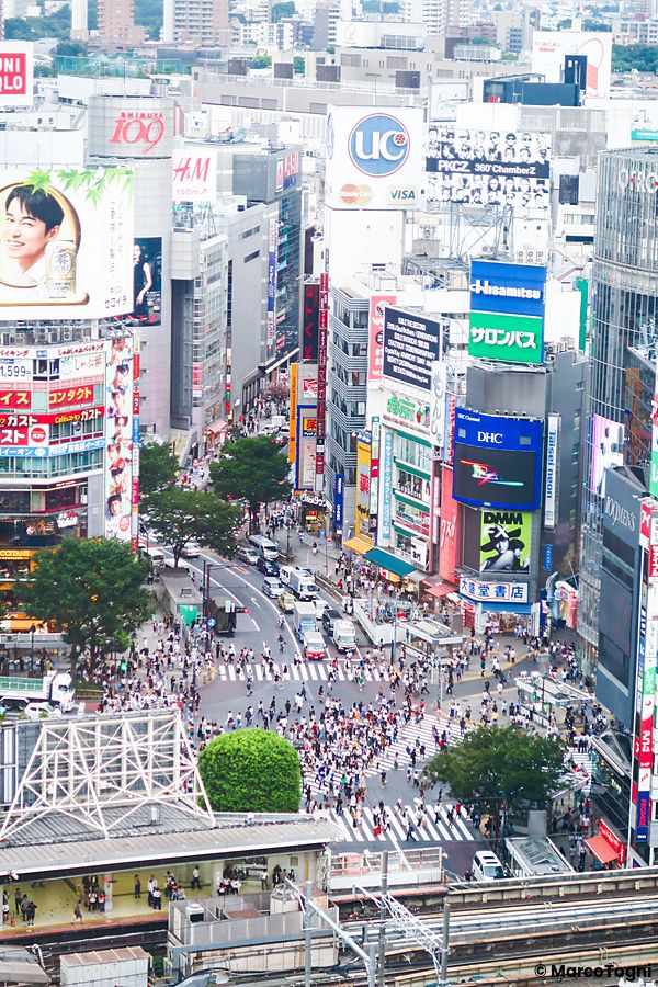 Veduta zenitale dell'incrocio di Shibuya a Tokyo con persone che attraversano la strada circondate da edifici commerciali.