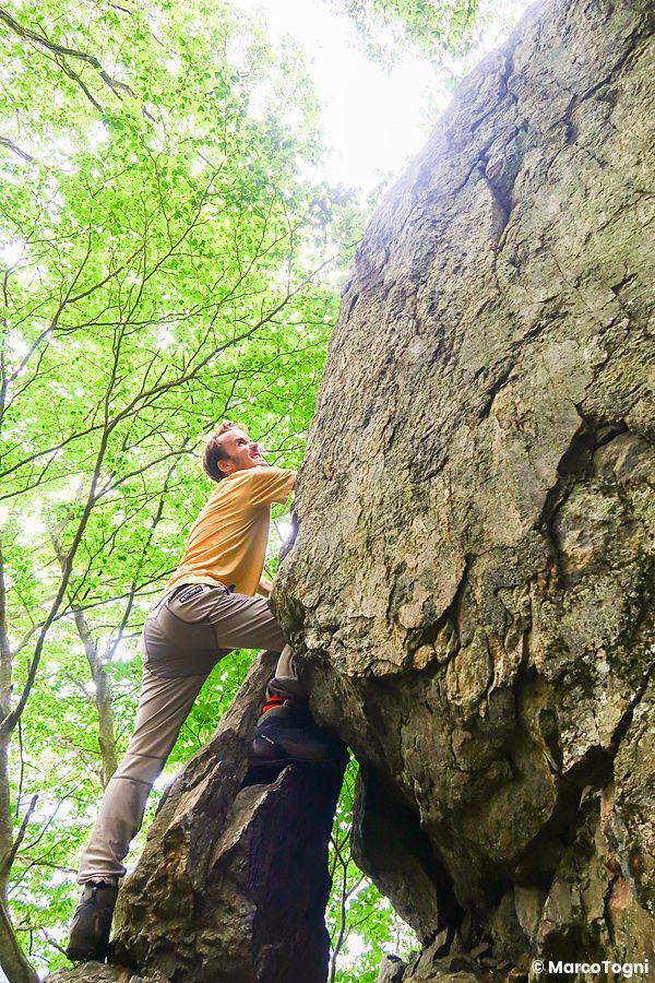 Un uomo pratica bouldering su una roccia in un'area boschiva a Naguri (Città di Hanno), Prefettura di Saitama, Giappone.
