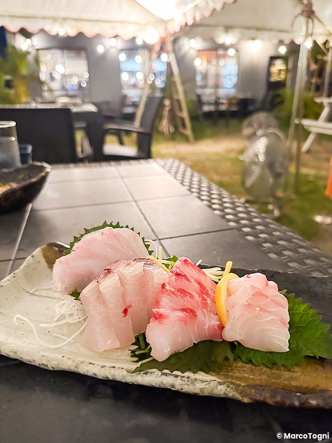 Sashimi misto servito in un piatto di ceramica all'Izakaya Ichitaka a Iriomote, con foglie di shiso e limone.