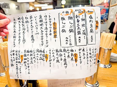 Un menu cartaceo scritto a mano con piatti e prezzi tenuto in mano all'interno dell'izakaya Hatonoyu a Tokyo.