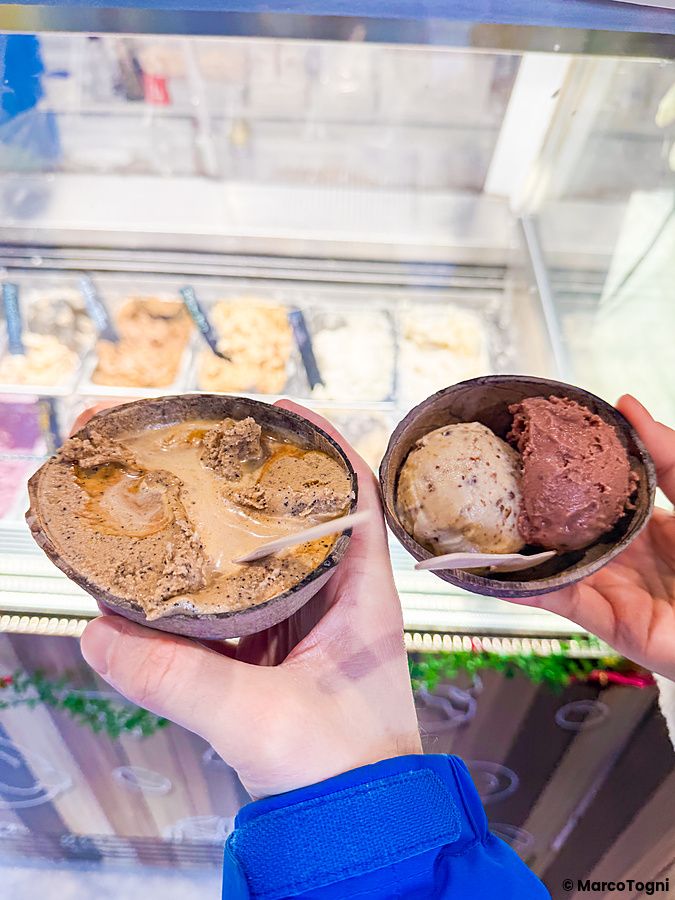 Due mani tengono gusci di cocco con gelato vegano davanti alla vetrina refrigerata di Coconut Glens in Giappone.
