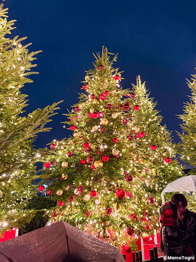 Albero di Natale decorato con palline rosse e dorate e luci al Yokohama Red Brick Christmas Market di notte.