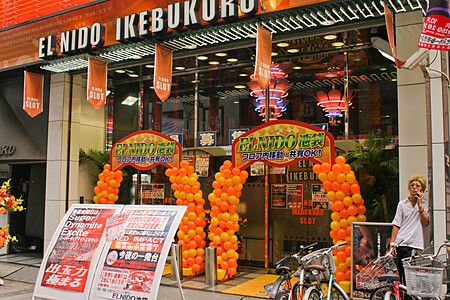 Ingresso di una sala giochi El Nido a Ikebukuro, Tokyo, con archi di palloncini.