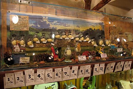 Una vetrina espositiva all'interno di un Negozio dello Studio Ghibli in Giappone, piena di statuine di Totoro.