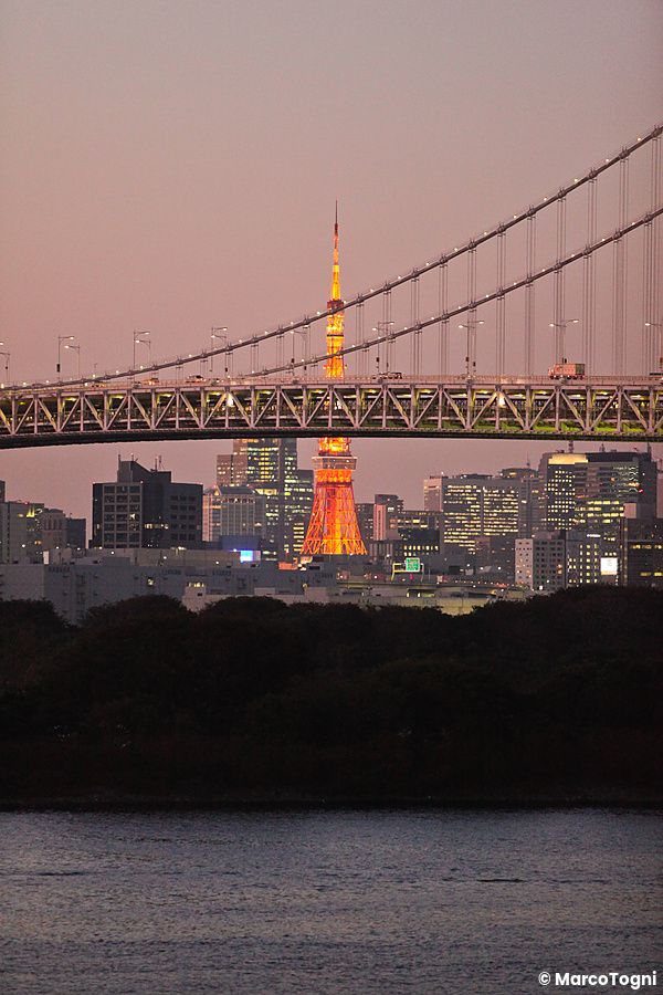 Vista della Tokyo Tower illuminata e del Rainbow Bridge da Odaiba a Tokyo.