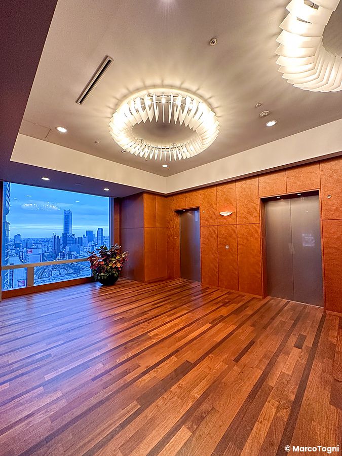 Ascensori nella lobby dell'Hotel Century Southern Tower con vista su Tokyo.