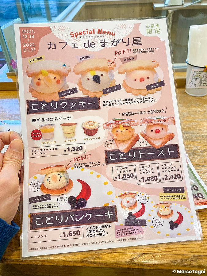 Un menù plastificato del Kotori Cafe ad Osaka con illustrazioni di dolci a forma di uccellini.