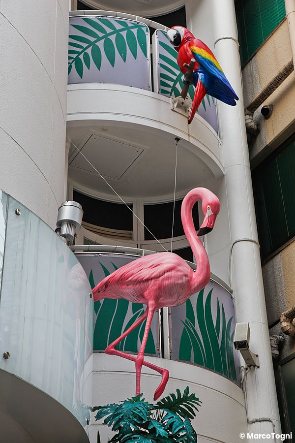 Sculture di un fenicottero rosa e un pappagallo su un love hotel in giappone.