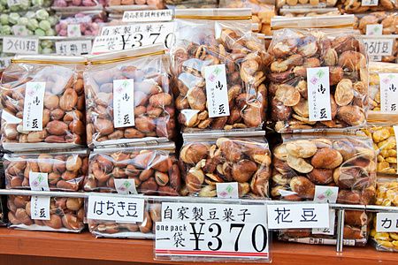 Confezioni di fagioli con etichette e prezzi ad Asakusa, Tokyo.