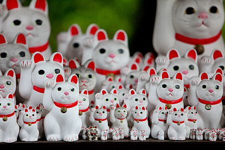 Una vasta collezione di statue di gatti bianchi maneki neko di varie dimensioni esposte al Tempio Gotokuji di Tokyo.
