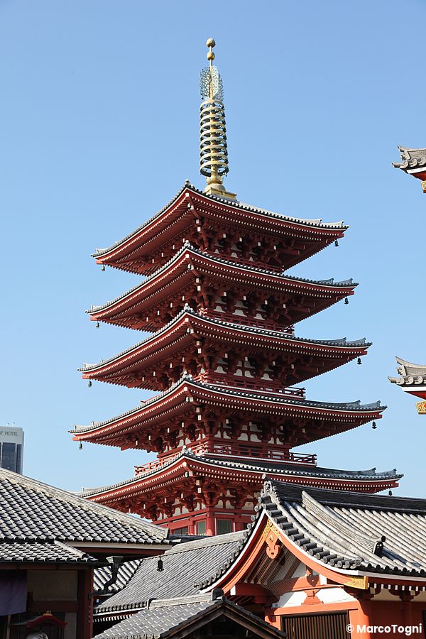 Una pagoda a cinque piani del tempio Senso-ji a Asakusa, Tokyo, sotto il cielo blu.