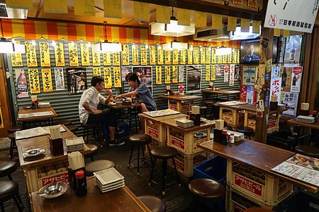 Interno di un izakaya a Yurakucho Yokocho con due persone sedute a un tavolo sotto i binari del treno a Tokyo.