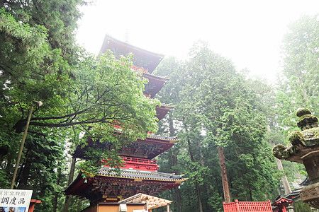 Pagoda rossa al Santuario Toshogu a Nikko circondata dalla nebbia.