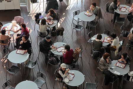 Vista dall'alto di persone sedute ai tavoli di un caffè in un museo a Tokyo.