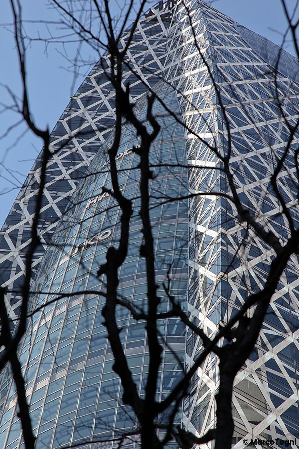 La Cocoon Tower a Shinjuku, Tokyo, con alberi spogli in primo piano.