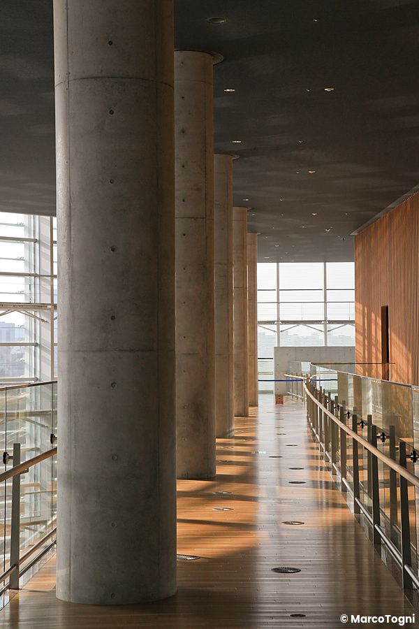 Interno di The National Art Center a Tokyo con colonne cilindriche e luce naturale.