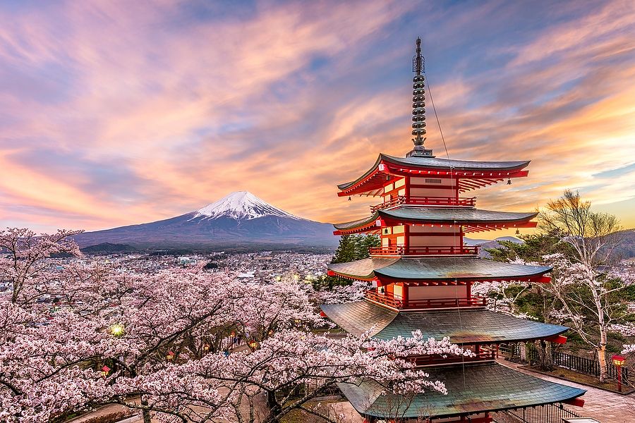 Chureito Pagoda e Monte Fuji in primavera con ciliegi in fiore.