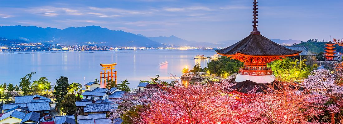 Veduta di Miyajima, Hiroshima in primavera, con fiori di ciliegio e torii galleggiante.