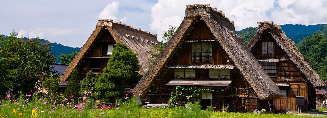 Tre case tradizionali giapponesi a Shirakawa-go con tetti di paglia su un campo di riso.