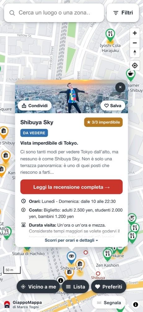 La mappa dal telefono: la scheda di un luogo con foto, voto, orari e costi