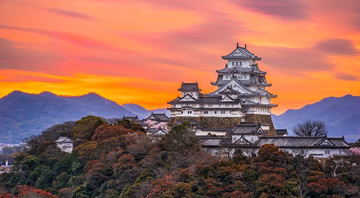 Castello di Himeji in Giappone all'alba con un cielo arancione e rosa.