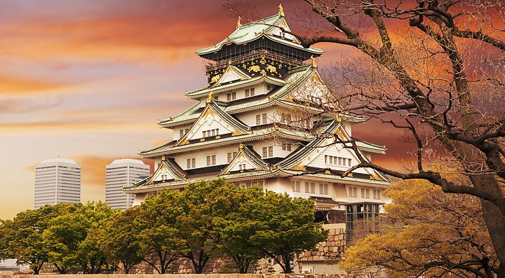 Il castello di Osaka al tramonto con alberi e un cielo dorato.