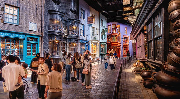 Visitatori camminano in una ricostruzione dettagliata del set cinematografico di Diagon Alley in un tour a Tokyo.