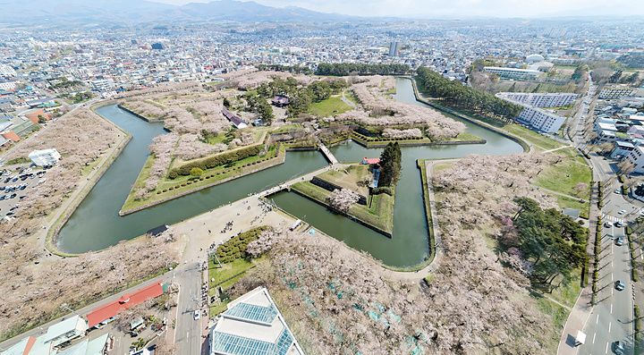 Vista aerea della fortezza a stella di Goryokaku a Hakodate con alberi di ciliegio in fiore e fossato d'acqua.
