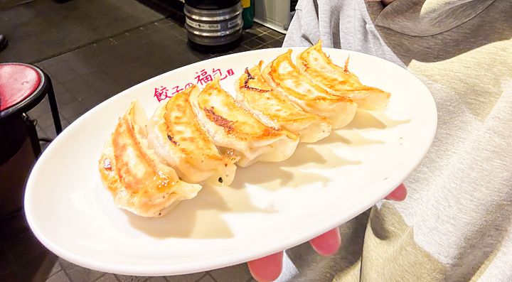 Marco Togni tiene un piatto di gyoza alla piastra a Gyoza no Fukuho in un ristorante di Tokyo.