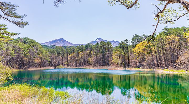 Veduta panoramica del Ruri-numa a Goshikinuma con montagne innevate sullo sfondo e riflessi boschivi nell'acqua turchese.