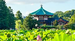 Vista dello stagno Shinobazu e del tempio Bentendo immersi nel verde in una giornata soleggiata a Ueno.