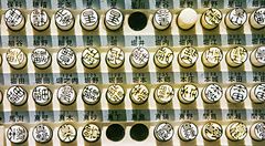 Timbri giapponesi hanko esposti su una griglia, con diversi ideogrammi.