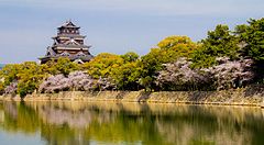 Castello di Hiroshima con ciliegi in fiore riflesso nel fossato.