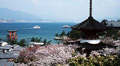 Vista dell'isola di Miyajima con torii e fiori di ciliegio in primavera.