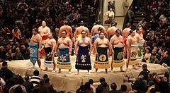 Sumo wrestlers allineati sul ring durante la cerimonia di apertura a Tokyo.