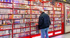 Persona davanti agli scaffali di manga in un negozio Mandarake.