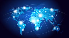 Mappa del mondo vettoriale con connessioni globali su sfondo blu.