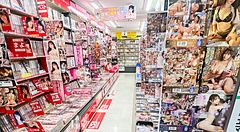 Corridoio di un negozio per adulti in Giappone con DVD e riviste sugli scaffali.